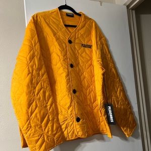 Pleasures Now lasting liner jacket. Orange with black embroidery.